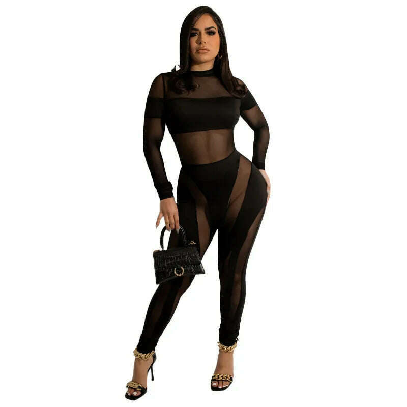 KIMLUD, Neon Color Rompers Women Sexy Sheer Mesh See Through Skinny Jumpsuits 2022 Summer Sleeveless Night Club Party One Piece Overalls, Black / S / United States, KIMLUD APPAREL - Womens Clothes