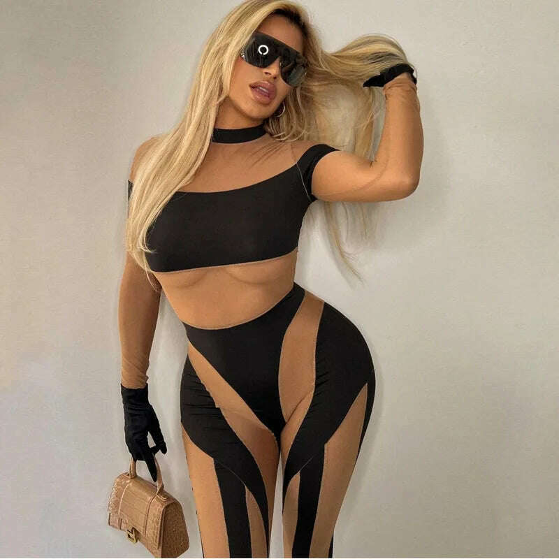 KIMLUD, Neon Color Rompers Women Sexy Sheer Mesh See Through Skinny Jumpsuits 2022 Summer Sleeveless Night Club Party One Piece Overalls, KIMLUD Womens Clothes