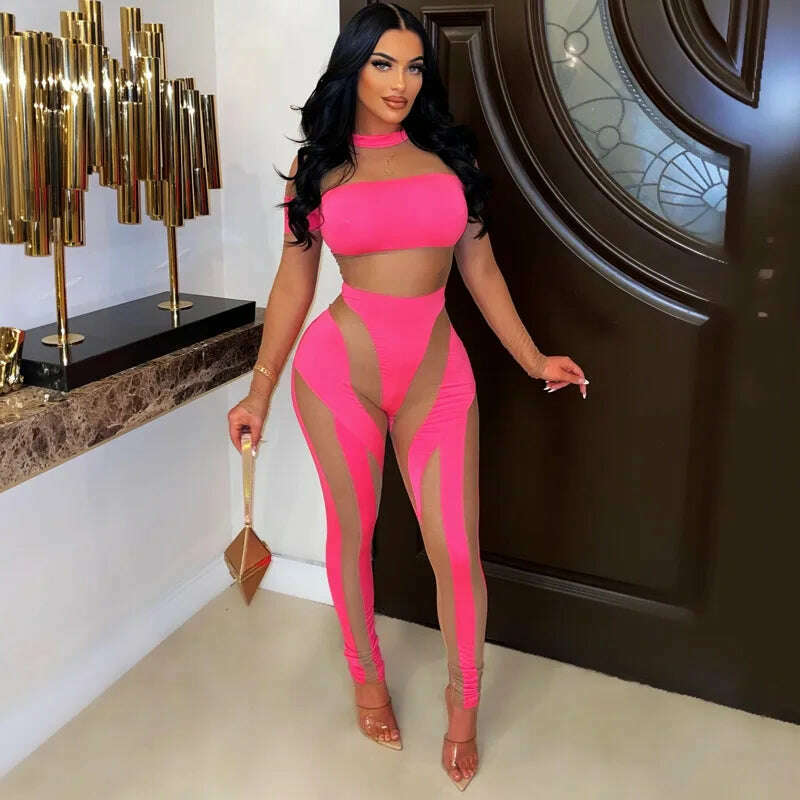 KIMLUD, Neon Color Rompers Women Sexy Sheer Mesh See Through Skinny Jumpsuits 2022 Summer Sleeveless Night Club Party One Piece Overalls, KIMLUD Womens Clothes