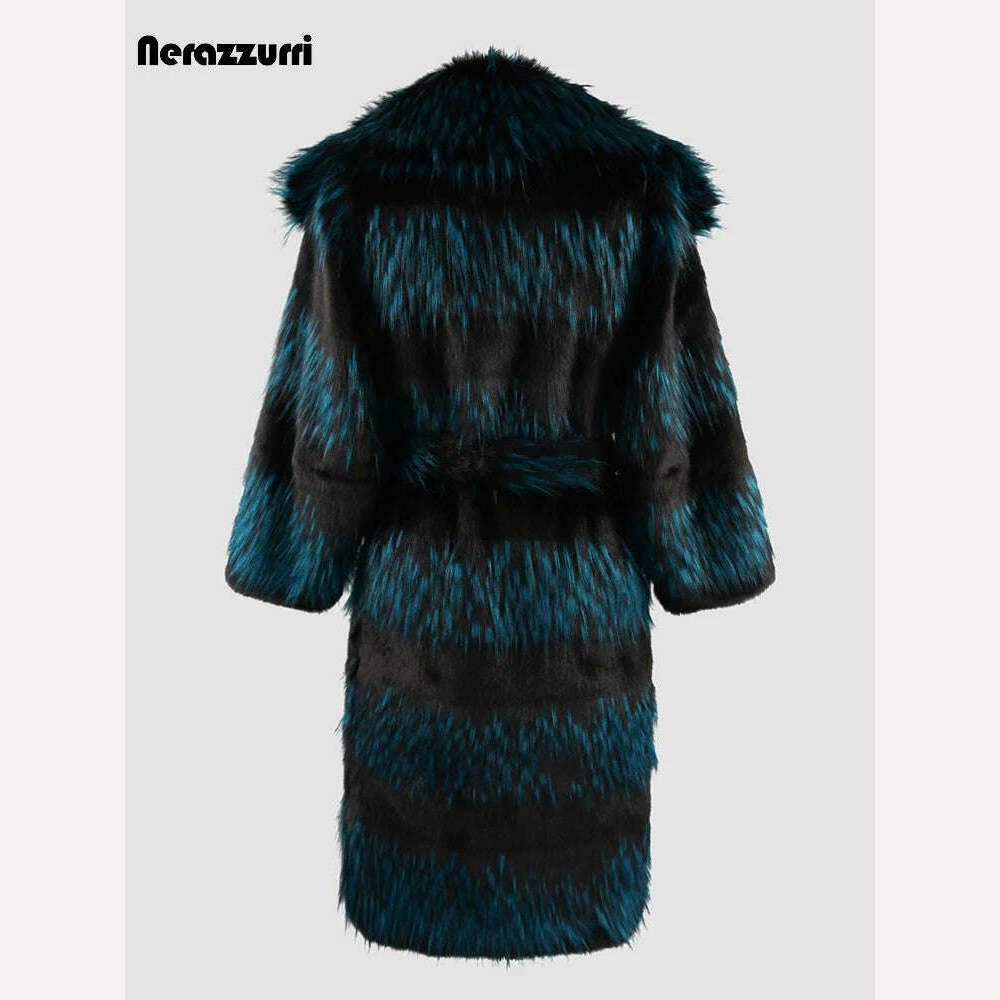 KIMLUD, Nerazzurri Winter Long Thick Warm Colorful Fluffy Faux Fox Fur Coat Women Sashes Luxury Designer Clothes Furry Overcoat 2024, KIMLUD Womens Clothes
