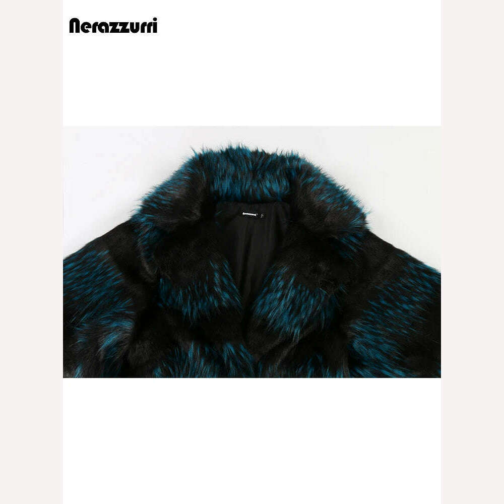 KIMLUD, Nerazzurri Winter Long Thick Warm Colorful Fluffy Faux Fox Fur Coat Women Sashes Luxury Designer Clothes Furry Overcoat 2024, KIMLUD Womens Clothes