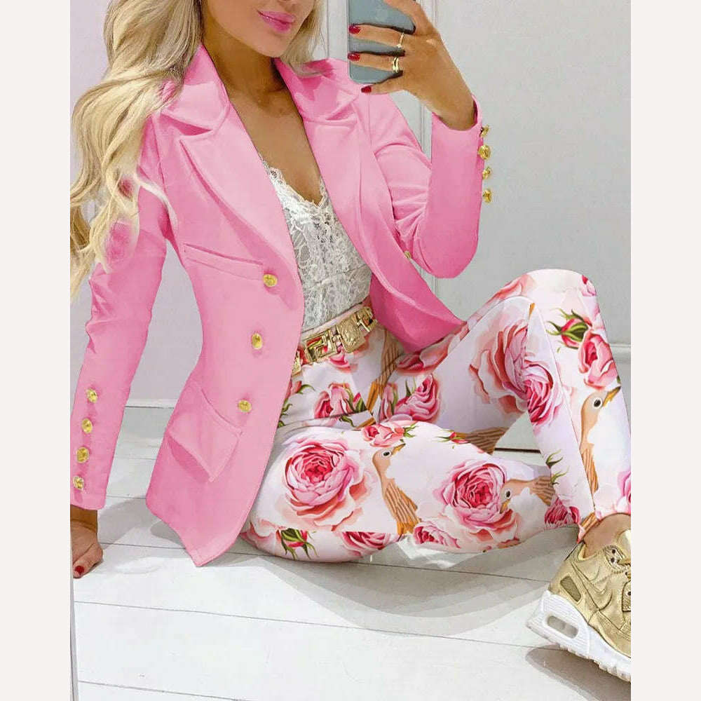 KIMLUD, New 2023 Formal Office Pant Sets Women 2PCS Double Breasted Solid Blazers Jacket and Pants Two Pieces Set Female Pant Suits Sets, KIMLUD Womens ClothesKIMLUD, New 2023 Formal Office Pant Sets Women 2PCS Double Breasted Solid Blazers Jacket and Pants Two Pieces Set Female Pant Suits Sets, Pink Flower / S, KIMLUD APPAREL - Womens Clothes