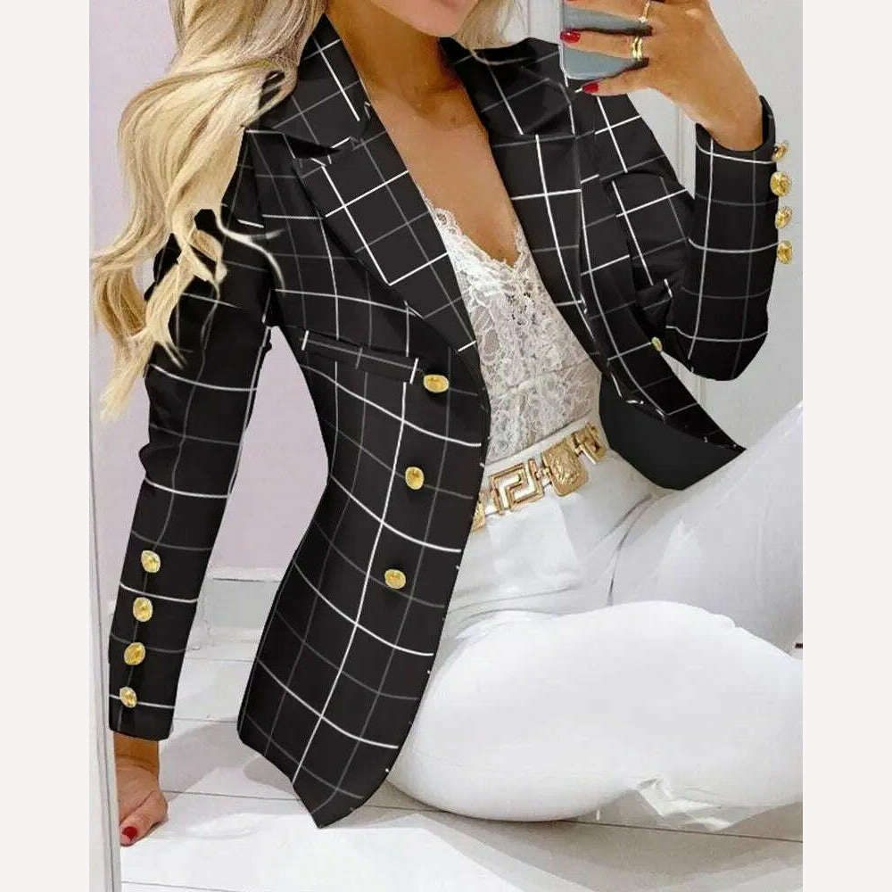 KIMLUD, New 2023 Formal Office Pant Sets Women 2PCS Double Breasted Solid Blazers Jacket and Pants Two Pieces Set Female Pant Suits Sets, KIMLUD Womens ClothesKIMLUD, New 2023 Formal Office Pant Sets Women 2PCS Double Breasted Solid Blazers Jacket and Pants Two Pieces Set Female Pant Suits Sets, Black Plaid / S, KIMLUD APPAREL - Womens Clothes