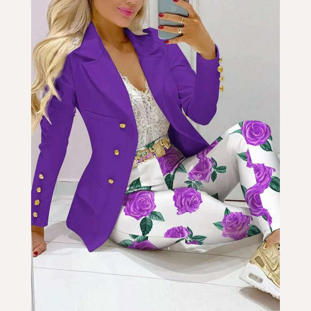 KIMLUD, New 2023 Formal Office Pant Sets Women 2PCS Double Breasted Solid Blazers Jacket and Pants Two Pieces Set Female Pant Suits Sets, KIMLUD Womens ClothesKIMLUD, New 2023 Formal Office Pant Sets Women 2PCS Double Breasted Solid Blazers Jacket and Pants Two Pieces Set Female Pant Suits Sets, Purple Print / S, KIMLUD APPAREL - Womens Clothes