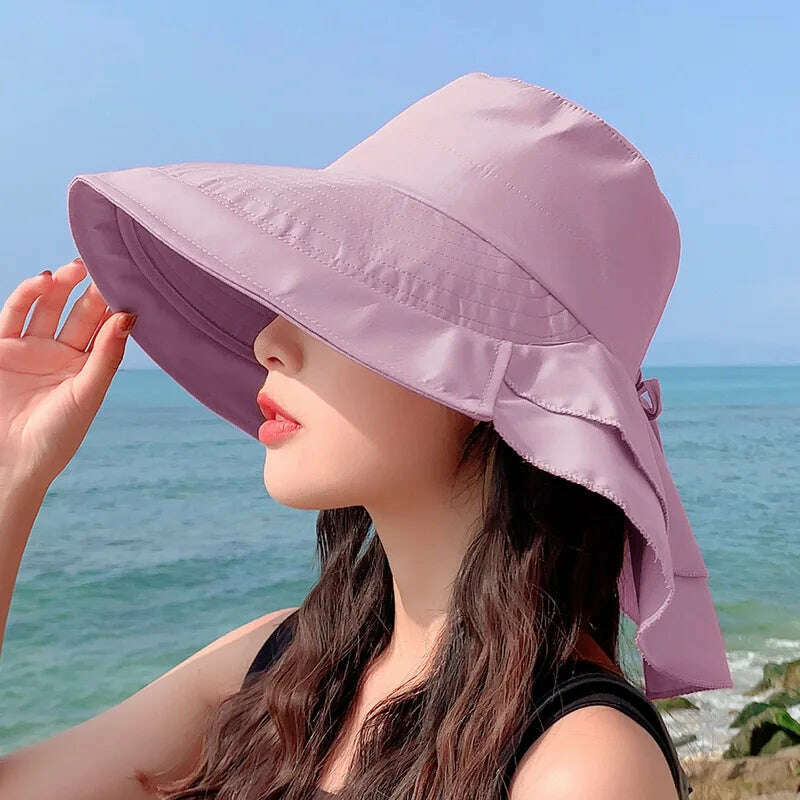 KIMLUD, New 2023 Women's Summer Hat for The Sun Wide Brim UV Neck Protection Solar Beach Hats Foldable Ponytail Travel Sun Panama Caps, Purple, KIMLUD Womens Clothes