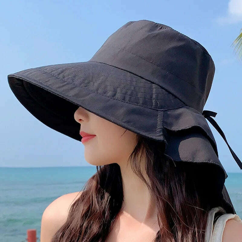 KIMLUD, New 2023 Women's Summer Hat for The Sun Wide Brim UV Neck Protection Solar Beach Hats Foldable Ponytail Travel Sun Panama Caps, Black, KIMLUD Womens Clothes
