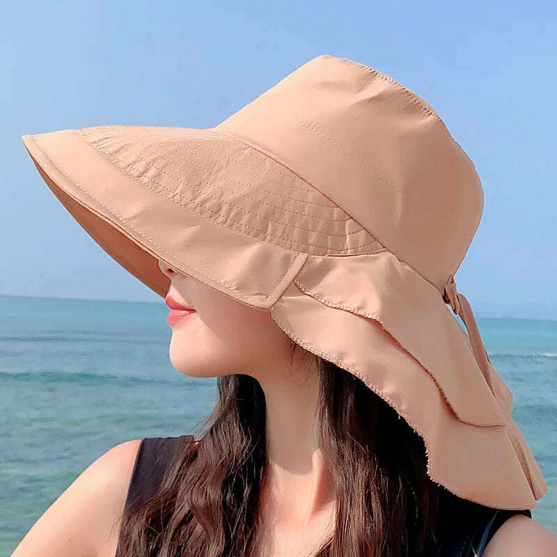 KIMLUD, New 2023 Women's Summer Hat for The Sun Wide Brim UV Neck Protection Solar Beach Hats Foldable Ponytail Travel Sun Panama Caps, Khaki, KIMLUD Womens Clothes
