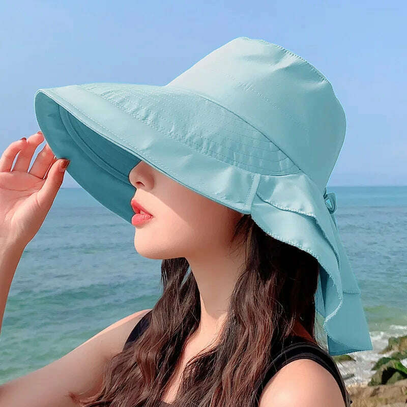 KIMLUD, New 2023 Women's Summer Hat for The Sun Wide Brim UV Neck Protection Solar Beach Hats Foldable Ponytail Travel Sun Panama Caps, Blue, KIMLUD Womens Clothes