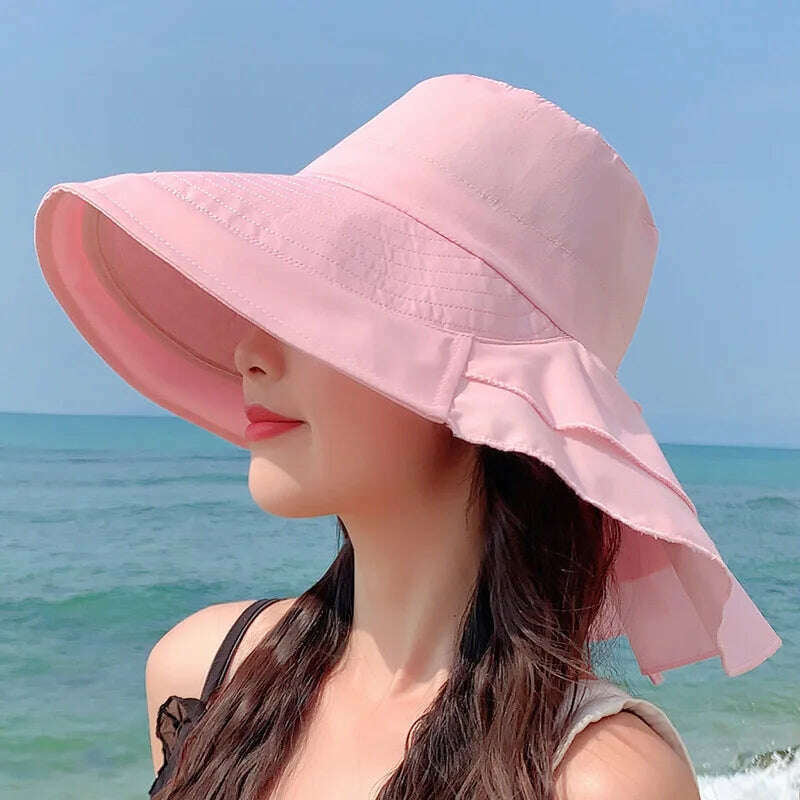 KIMLUD, New 2023 Women's Summer Hat for The Sun Wide Brim UV Neck Protection Solar Beach Hats Foldable Ponytail Travel Sun Panama Caps, Pink, KIMLUD Womens Clothes