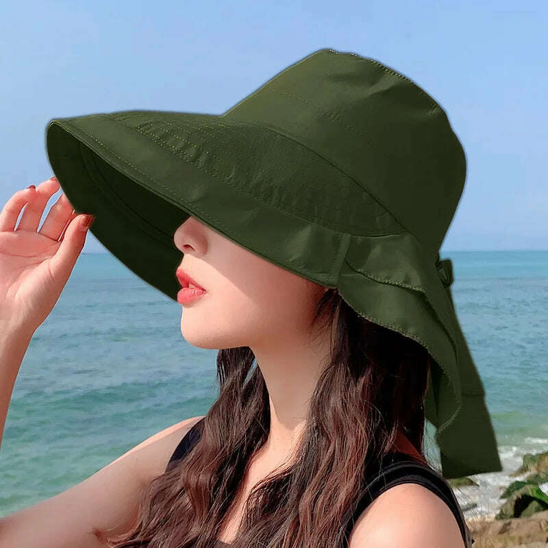 KIMLUD, New 2023 Women's Summer Hat for The Sun Wide Brim UV Neck Protection Solar Beach Hats Foldable Ponytail Travel Sun Panama Caps, Green, KIMLUD Womens Clothes