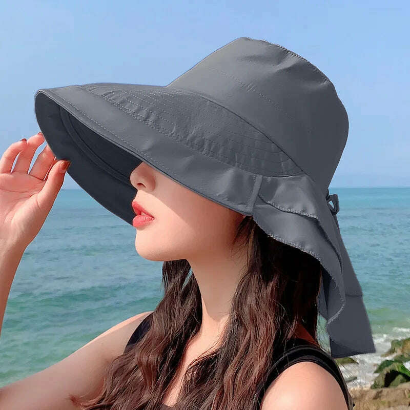 KIMLUD, New 2023 Women's Summer Hat for The Sun Wide Brim UV Neck Protection Solar Beach Hats Foldable Ponytail Travel Sun Panama Caps, Dark Gray, KIMLUD Womens Clothes