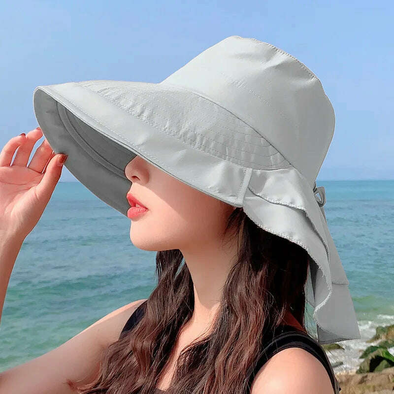KIMLUD, New 2023 Women's Summer Hat for The Sun Wide Brim UV Neck Protection Solar Beach Hats Foldable Ponytail Travel Sun Panama Caps, Grey, KIMLUD Womens Clothes