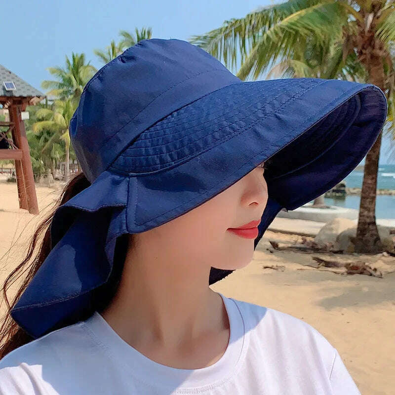 KIMLUD, New 2023 Women's Summer Hat for The Sun Wide Brim UV Neck Protection Solar Beach Hats Foldable Ponytail Travel Sun Panama Caps, Navy, KIMLUD Womens Clothes