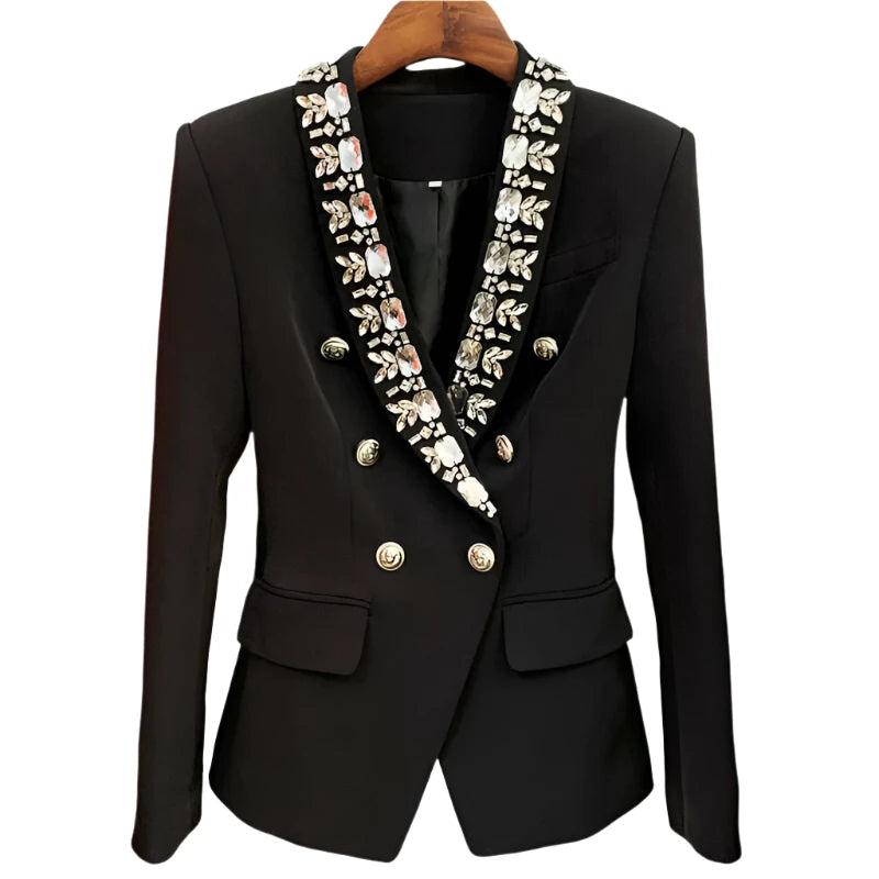 New 2024 Spring Autumn Blazer Jacket Women Double Breasted Slim Suit Beaded Lapel Fashion Streetwear Jackets Long Sleeve Pocket - KIMLUD