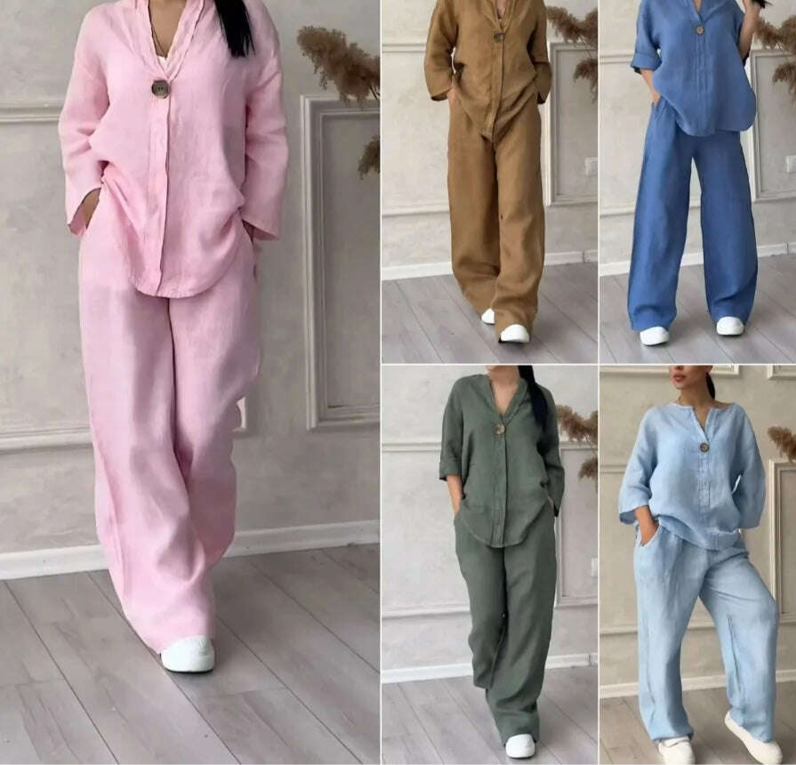 New 2024 Women's 2-piece Cotton Linen Pant Sets Solid Long Sleeve Shirt Top+ Wide-leg Trousers Two-piece Casual Loose Suit Sets - KIMLUD