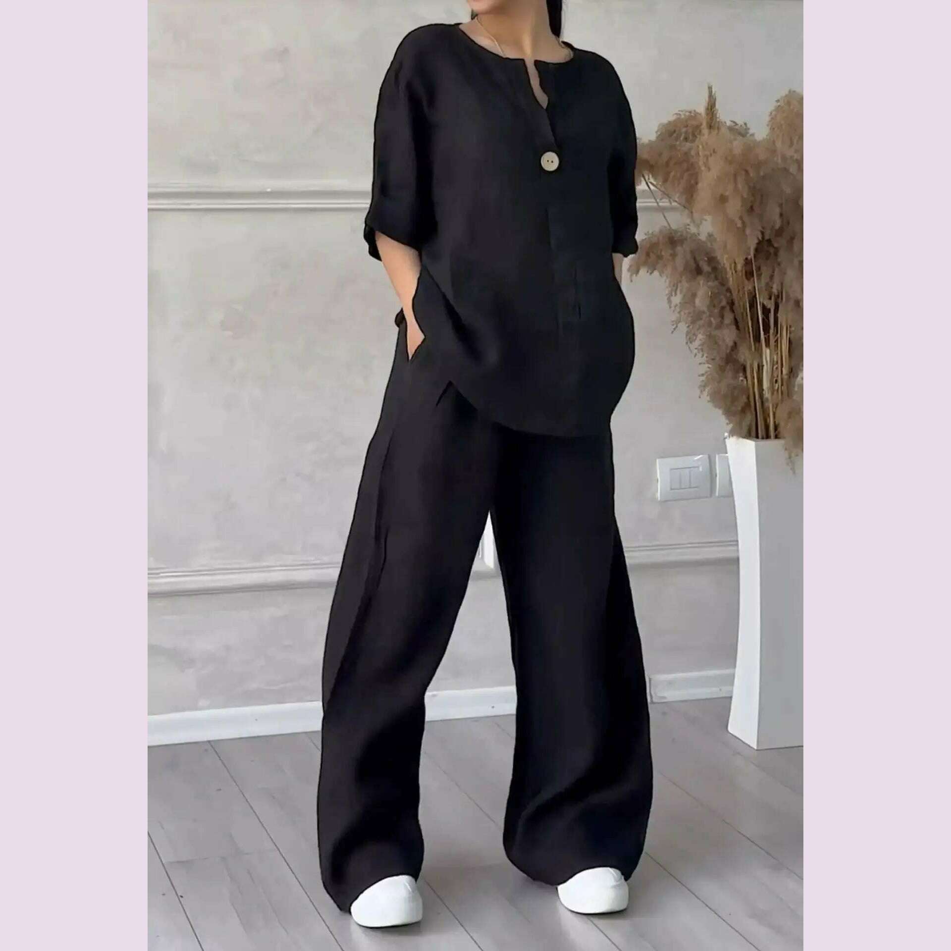 New 2024 Women's 2-piece Cotton Linen Pant Sets Solid Long Sleeve Shirt Top+ Wide-leg Trousers Two-piece Casual Loose Suit Sets - KIMLUD