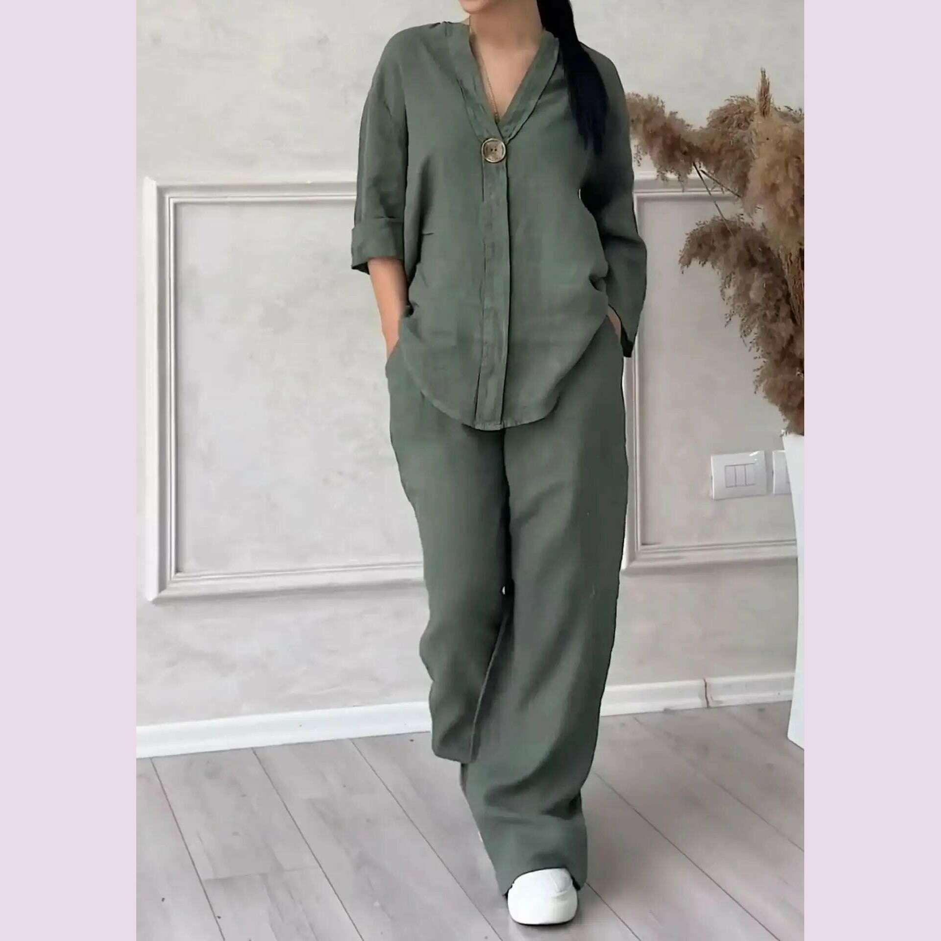 New 2024 Women's 2-piece Cotton Linen Pant Sets Solid Long Sleeve Shirt Top+ Wide-leg Trousers Two-piece Casual Loose Suit Sets - KIMLUD