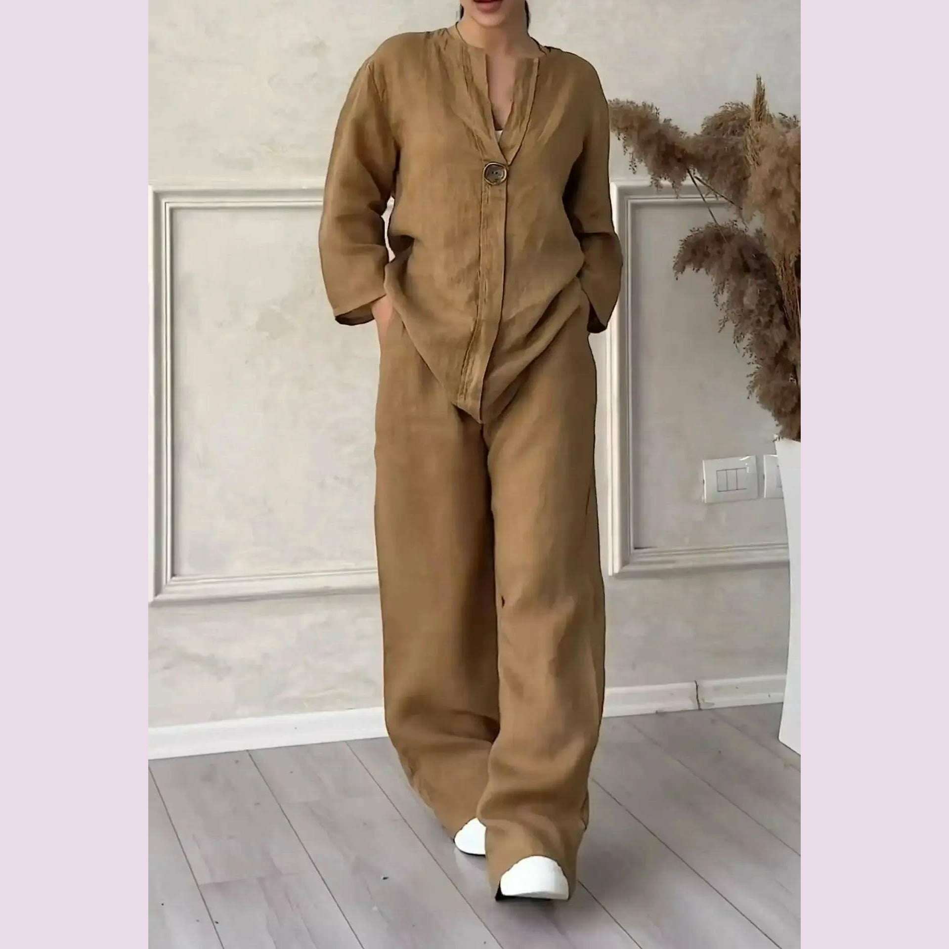 New 2024 Women's 2-piece Cotton Linen Pant Sets Solid Long Sleeve Shirt Top+ Wide-leg Trousers Two-piece Casual Loose Suit Sets - KIMLUD