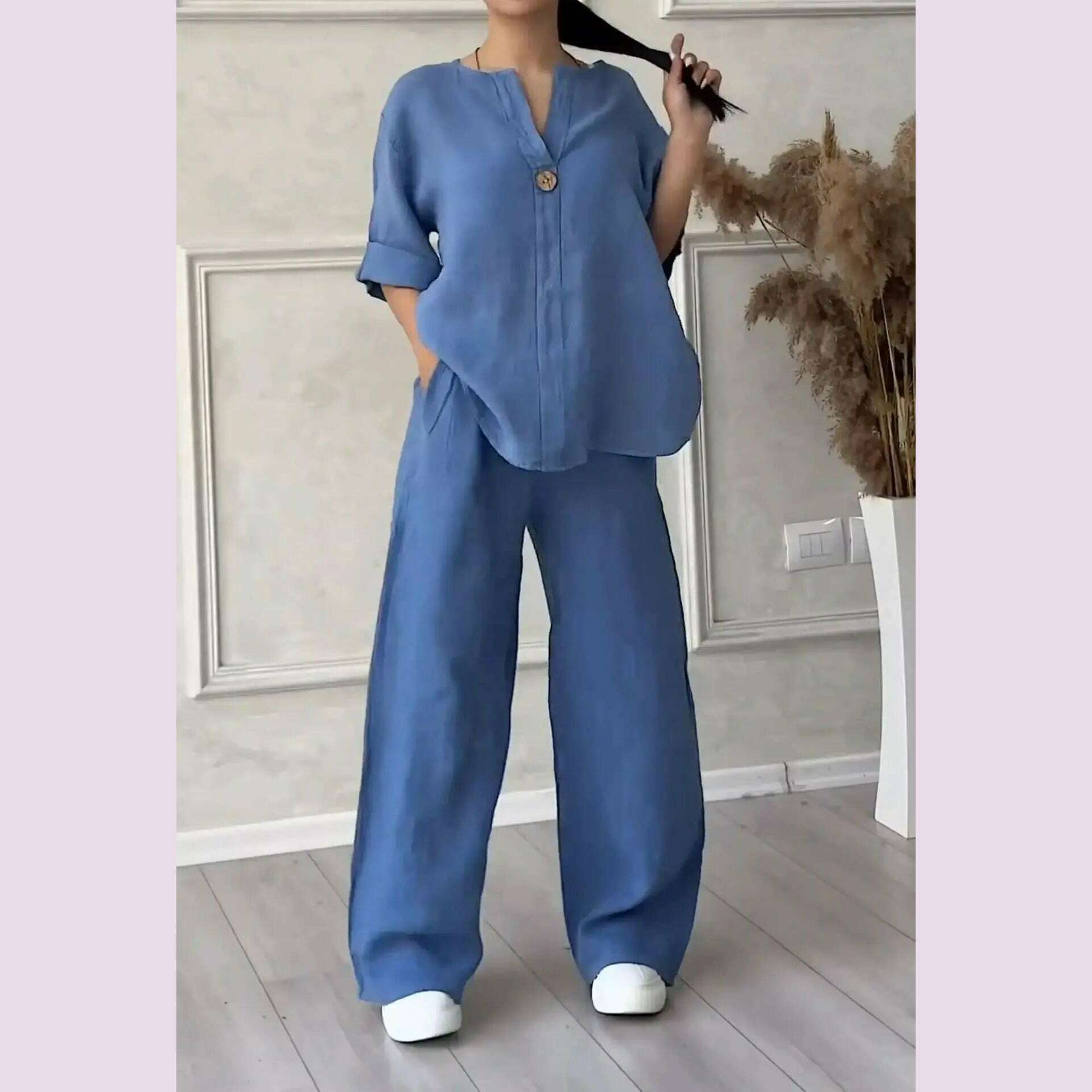 New 2024 Women's 2-piece Cotton Linen Pant Sets Solid Long Sleeve Shirt Top+ Wide-leg Trousers Two-piece Casual Loose Suit Sets - KIMLUD