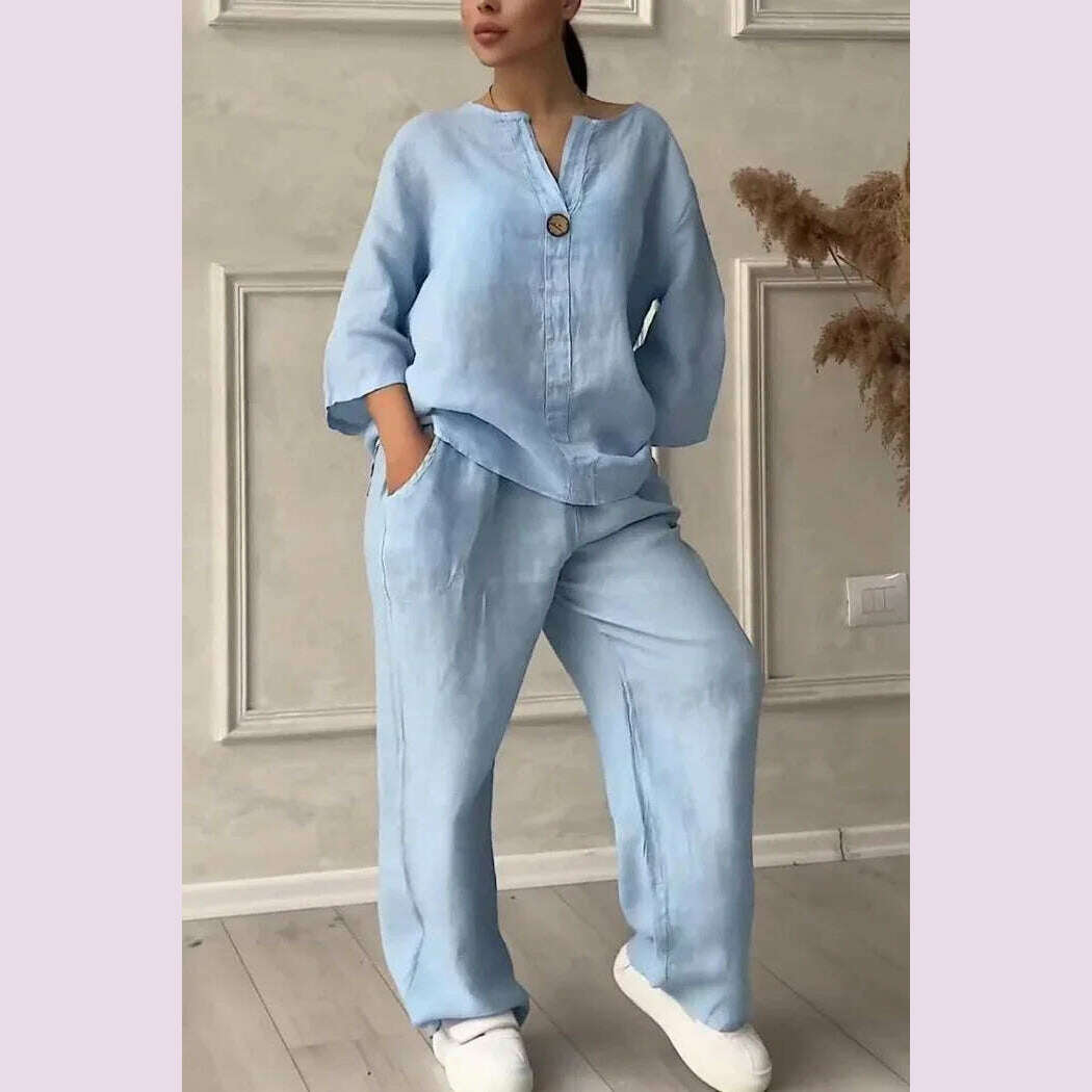 New 2024 Women's 2-piece Cotton Linen Pant Sets Solid Long Sleeve Shirt Top+ Wide-leg Trousers Two-piece Casual Loose Suit Sets - KIMLUD