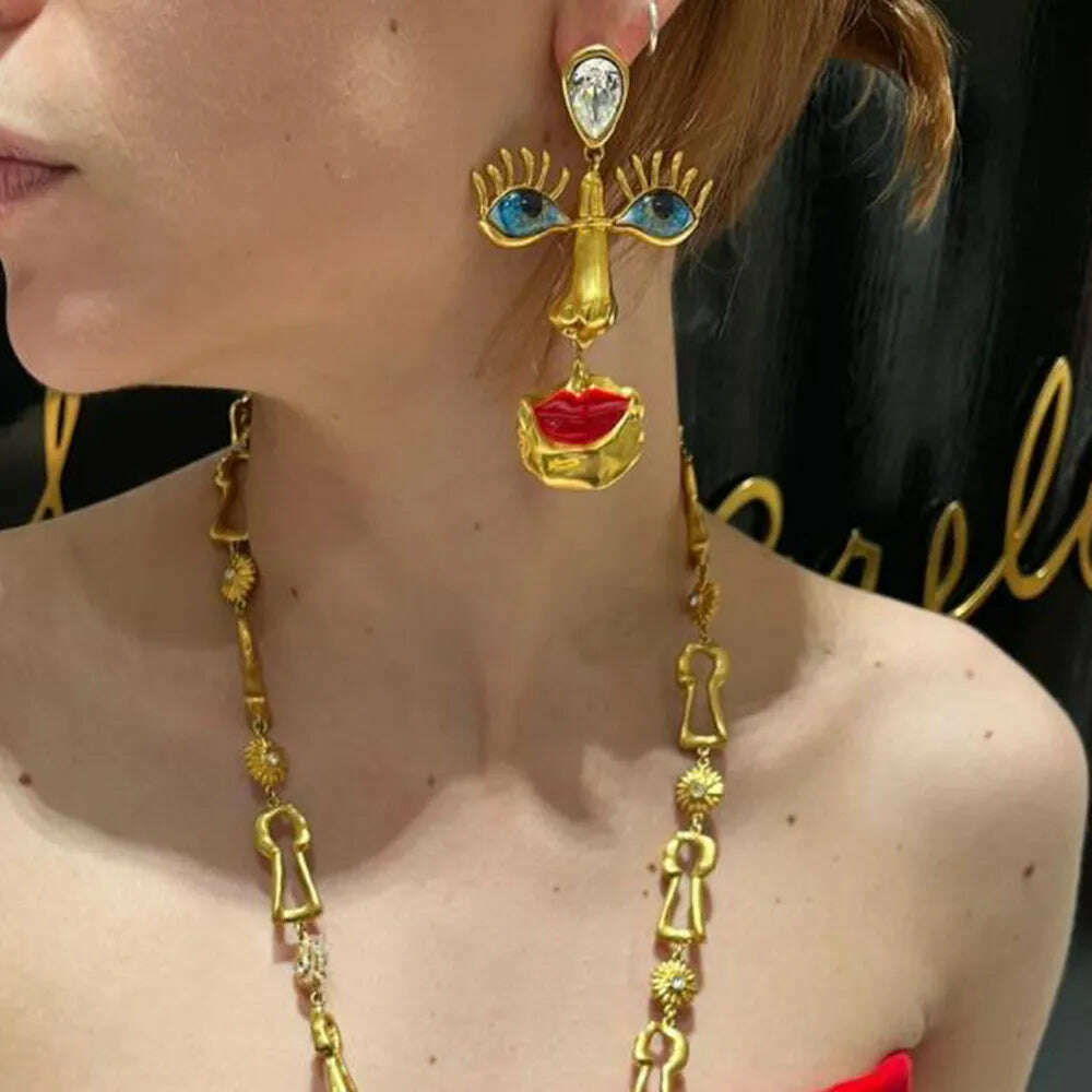 KIMLUD, New Arrival Vintage Unique Eyes Red Lips Dangle Earrings For Women Jewelry Baroque Fashion Show Collection Earrings Accessories, KIMLUD Womens Clothes