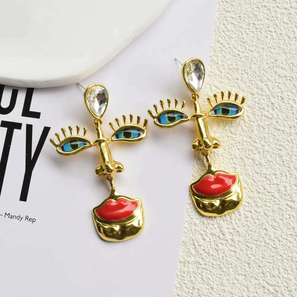 KIMLUD, New Arrival Vintage Unique Eyes Red Lips Dangle Earrings For Women Jewelry Baroque Fashion Show Collection Earrings Accessories, KIMLUD Womens Clothes