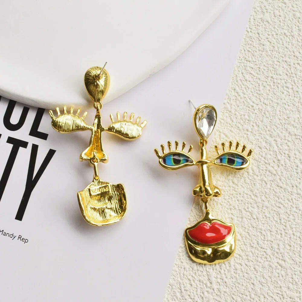 KIMLUD, New Arrival Vintage Unique Eyes Red Lips Dangle Earrings For Women Jewelry Baroque Fashion Show Collection Earrings Accessories, KIMLUD Womens Clothes