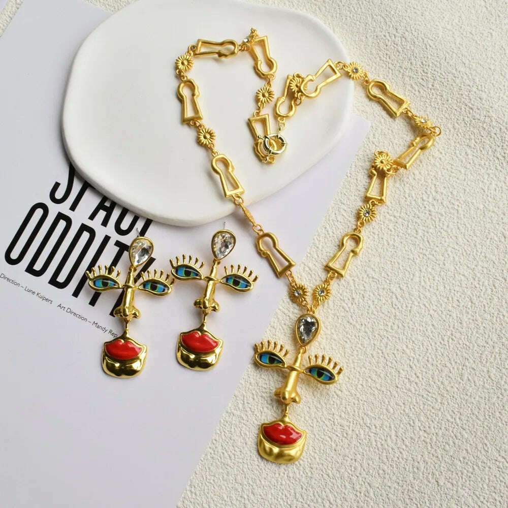 KIMLUD, New Arrival Vintage Unique Eyes Red Lips Dangle Earrings For Women Jewelry Baroque Fashion Show Collection Earrings Accessories, KIMLUD Womens Clothes