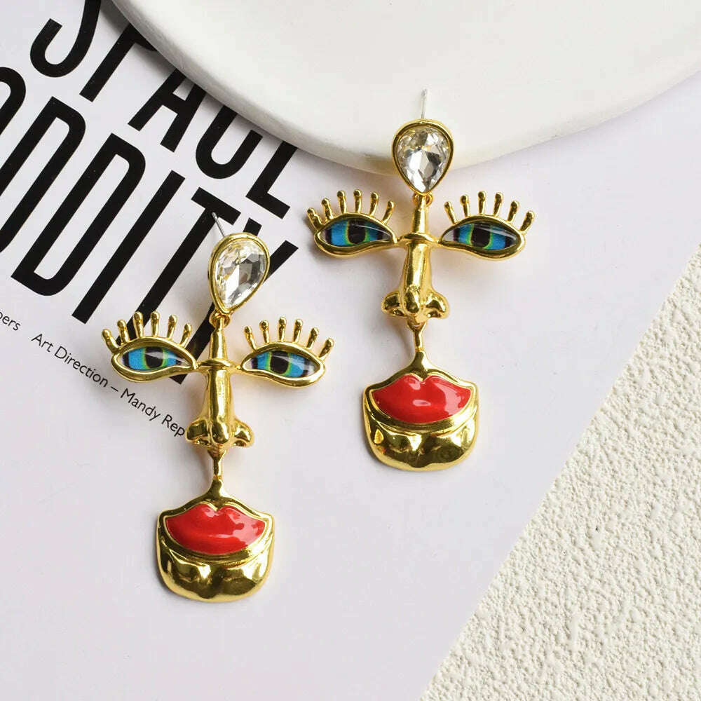 KIMLUD, New Arrival Vintage Unique Eyes Red Lips Dangle Earrings For Women Jewelry Baroque Fashion Show Collection Earrings Accessories, Earrings, KIMLUD APPAREL - Womens Clothes