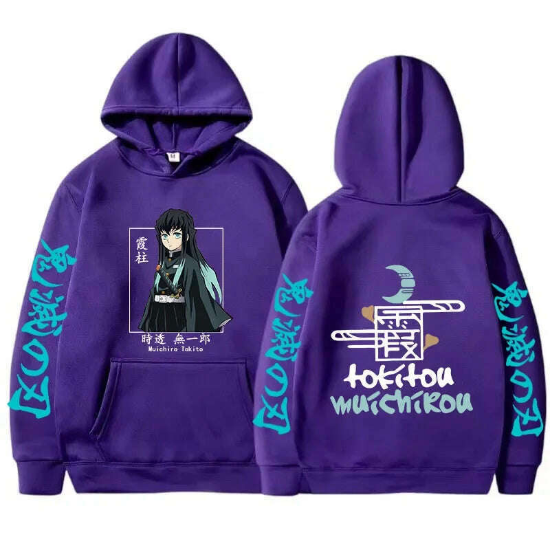 KIMLUD, New Autumn Funny Japan Anime Demon Slayer Men Hoodies Plus Size Sweatshirt Harajuku Muichiro Tokito Printed Hooded Girl Pullover, PURPLE / M, KIMLUD APPAREL - Womens Clothes