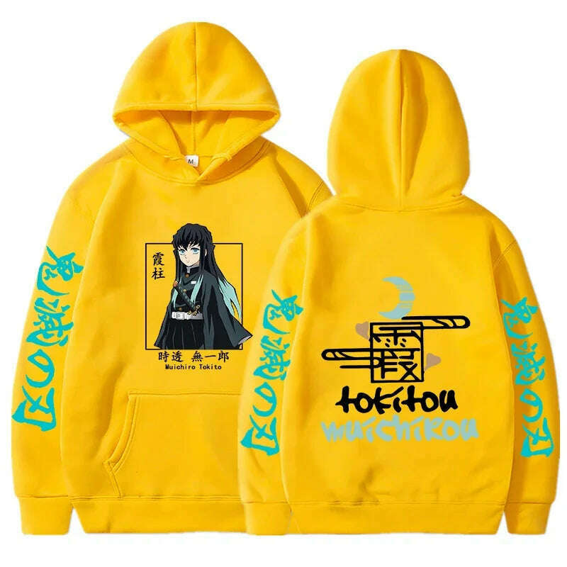 KIMLUD, New Autumn Funny Japan Anime Demon Slayer Men Hoodies Plus Size Sweatshirt Harajuku Muichiro Tokito Printed Hooded Girl Pullover, Yellow / XXXL, KIMLUD APPAREL - Womens Clothes