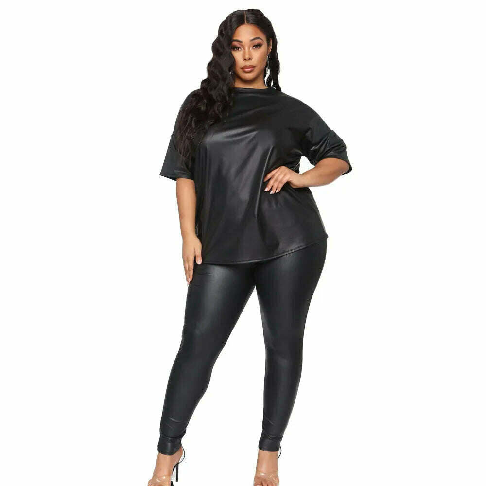 KIMLUD, New Autumn / Winter Women Plus Size Two Piece Sets Pure Color O-neck Full Sleeve Sweatshirts + Skinny Pencil Pants PU Outfits, Black / M, KIMLUD Women's Clothes