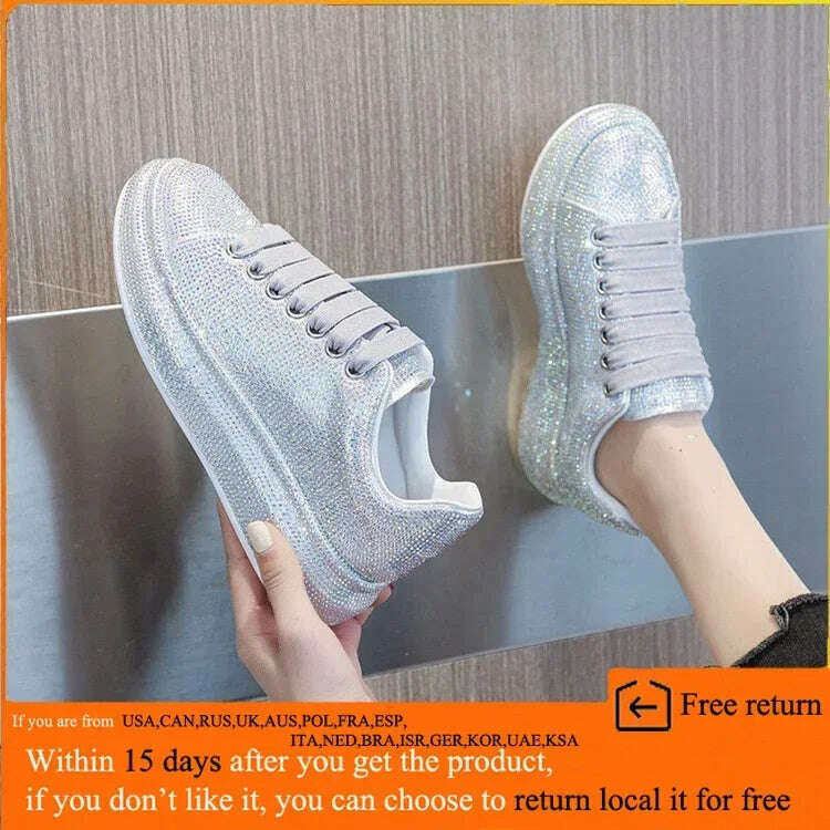 KIMLUD, New Autumn Women Platform Shoes rhinestones Thick-soled White Silver Shoes Shining Crystal Sneakers Trend Casual Sneakers, KIMLUD Womens Clothes