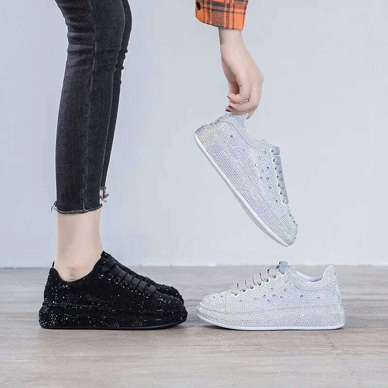 KIMLUD, New  Autumn Women Platform Shoes rhinestones Thick-soled White Silver Shoes Shining Crystal Sneakers Trend Casual Sneakers, KIMLUD Womens Clothes