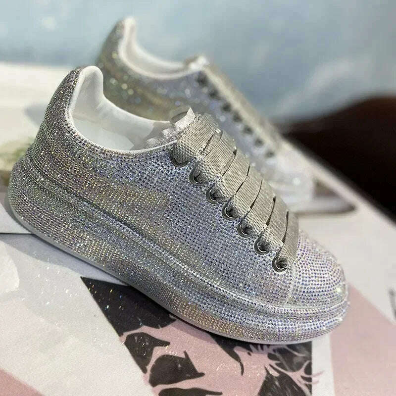KIMLUD, New Autumn Women Platform Shoes rhinestones Thick-soled White Silver Shoes Shining Crystal Sneakers Trend Casual Sneakers, KIMLUD Womens Clothes