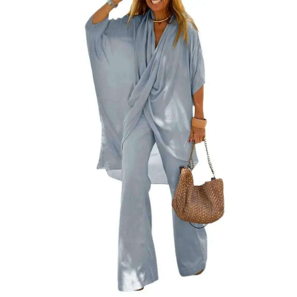 KIMLUD, New autumn Women's Temperament Casual Loose Irregular Cross Half-sleeved Top + Wide-leg Trousers Two-piece Suit Women Clothing, KIMLUD Womens ClothesKIMLUD, New autumn Women's Temperament Casual Loose Irregular Cross Half-sleeved Top + Wide-leg Trousers Two-piece Suit Women Clothing, Grey / M, KIMLUD APPAREL - Womens Clothes