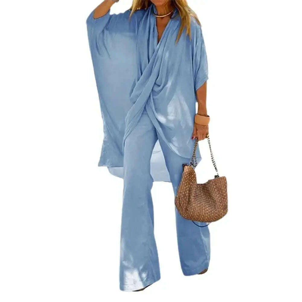 KIMLUD, New autumn Women's Temperament Casual Loose Irregular Cross Half-sleeved Top + Wide-leg Trousers Two-piece Suit Women Clothing, KIMLUD Womens Clothes