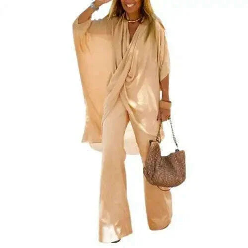 KIMLUD, New autumn Women's Temperament Casual Loose Irregular Cross Half-sleeved Top + Wide-leg Trousers Two-piece Suit Women Clothing, KIMLUD Womens Clothes