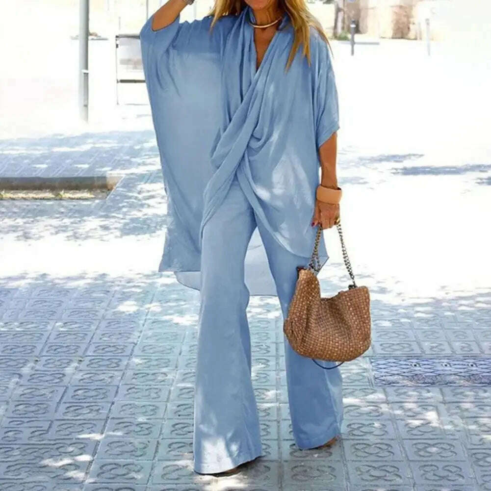 KIMLUD, New autumn Women's Temperament Casual Loose Irregular Cross Half-sleeved Top + Wide-leg Trousers Two-piece Suit Women Clothing, KIMLUD Womens Clothes