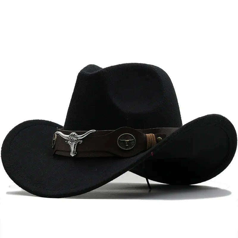 KIMLUD, New Black Wool Chapeu Western Cowboy Hat For Women Men Gentleman Jazz Sombrero Hombre Cap Dad Cowgirl Hats Size 56-58cm, KIMLUD Womens Clothes