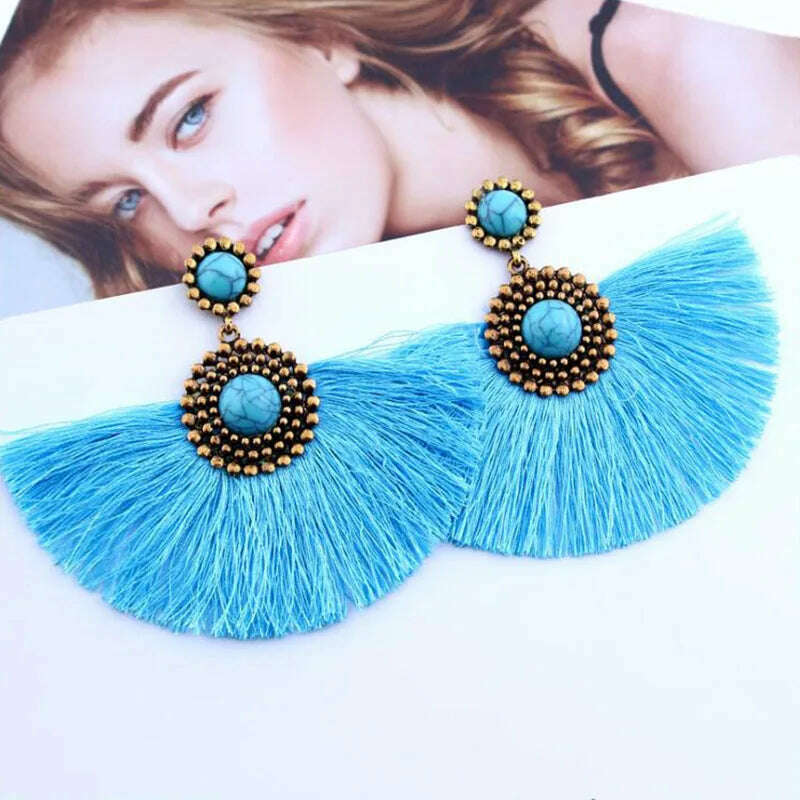 New Boho Tassel Earrings for Women Fan Shape Exaggerated Beads Vintage Ethnic Dangle Earrings Wild Ear Jewelry boucle oreille - KIMLUD