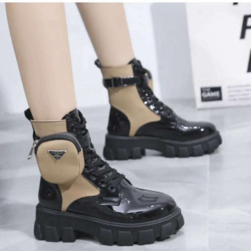New Boots Women Motorcycle Ankle Boots Wedges Female Lace Up Platforms Spring Black Leather Oxford Shoes Women Botas Mujer Bag - KIMLUD