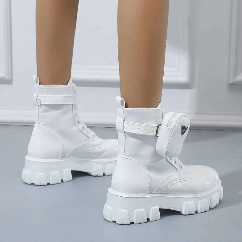 New Boots Women Motorcycle Ankle Boots Wedges Female Lace Up Platforms Spring Black Leather Oxford Shoes Women Botas Mujer Bag - KIMLUD