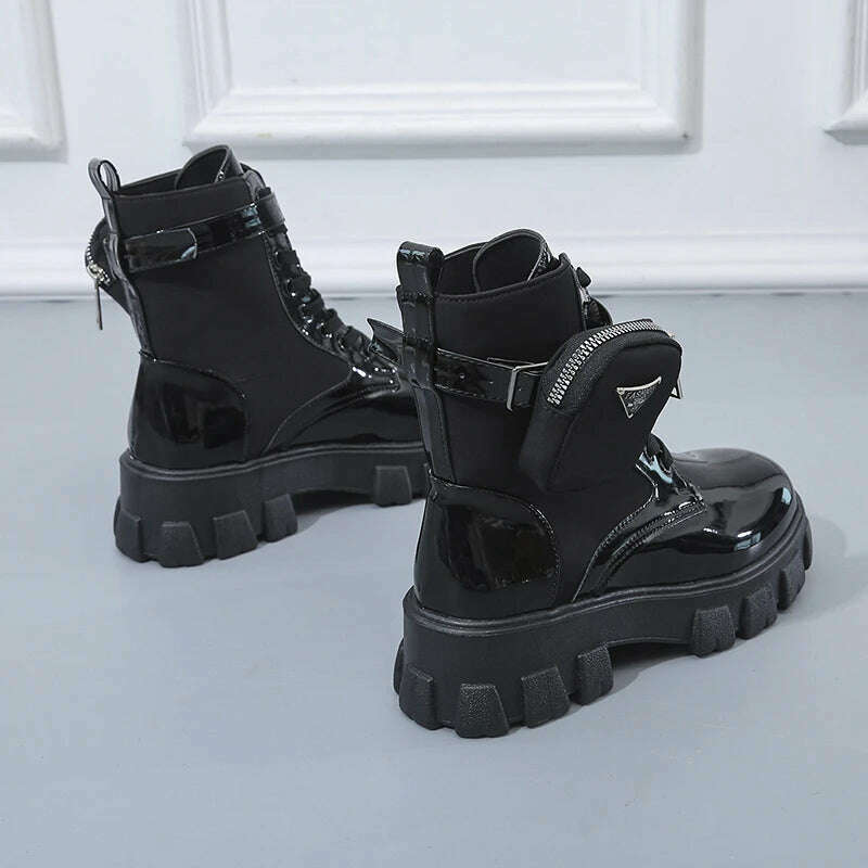 New Boots Women Motorcycle Ankle Boots Wedges Female Lace Up Platforms Spring Black Leather Oxford Shoes Women Botas Mujer Bag - KIMLUD