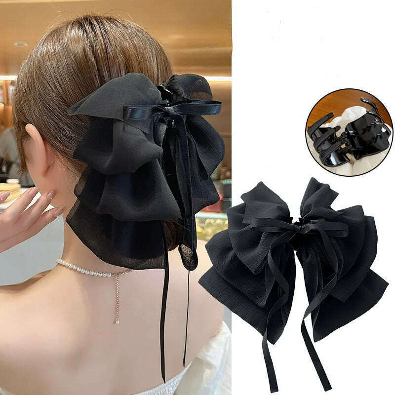 New Bow Floating Ribbon Grip Clip Girls Elegant Ponytail Braid Claw Clip Retro Luxury Female Hair Card Hair Accessories - KIMLUD