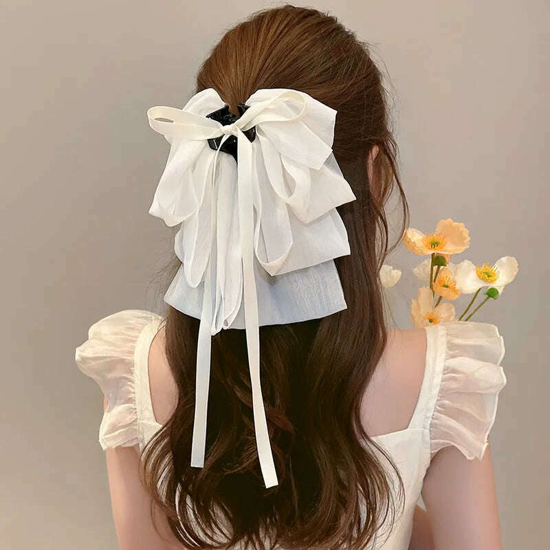 New Bow Floating Ribbon Grip Clip Girls Elegant Ponytail Braid Claw Clip Retro Luxury Female Hair Card Hair Accessories - KIMLUD