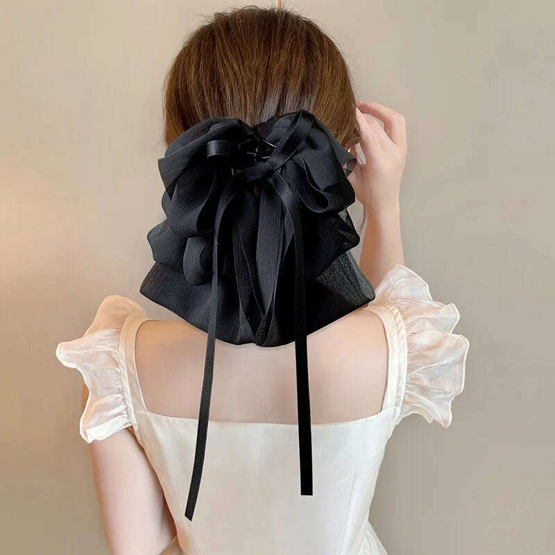 New Bow Floating Ribbon Grip Clip Girls Elegant Ponytail Braid Claw Clip Retro Luxury Female Hair Card Hair Accessories - KIMLUD