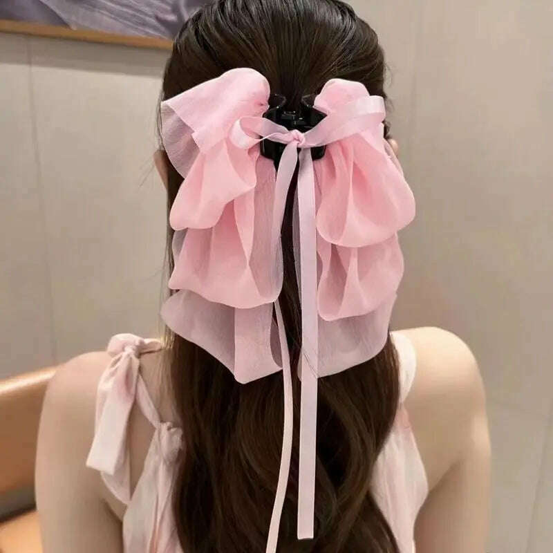 New Bow Floating Ribbon Grip Clip Girls Elegant Ponytail Braid Claw Clip Retro Luxury Female Hair Card Hair Accessories - KIMLUD