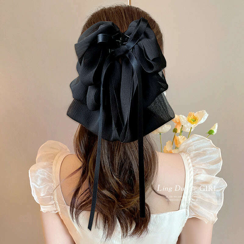 New Bow Floating Ribbon Grip Clip Girls Elegant Ponytail Braid Claw Clip Retro Luxury Female Hair Card Hair Accessories - KIMLUD