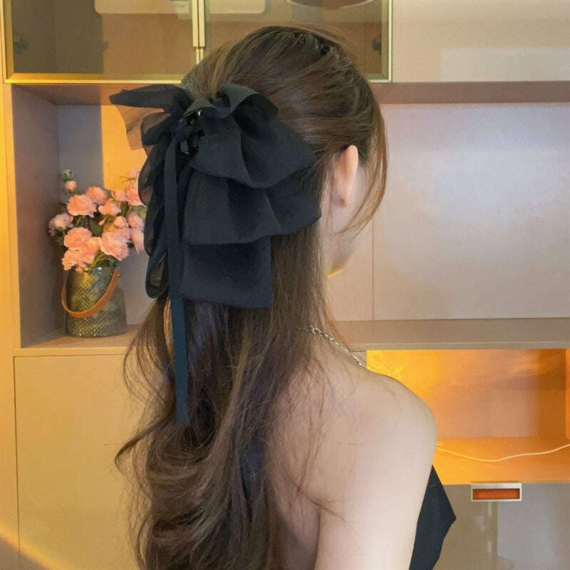 New Bow Floating Ribbon Grip Clip Girls Elegant Ponytail Braid Claw Clip Retro Luxury Female Hair Card Hair Accessories - KIMLUD